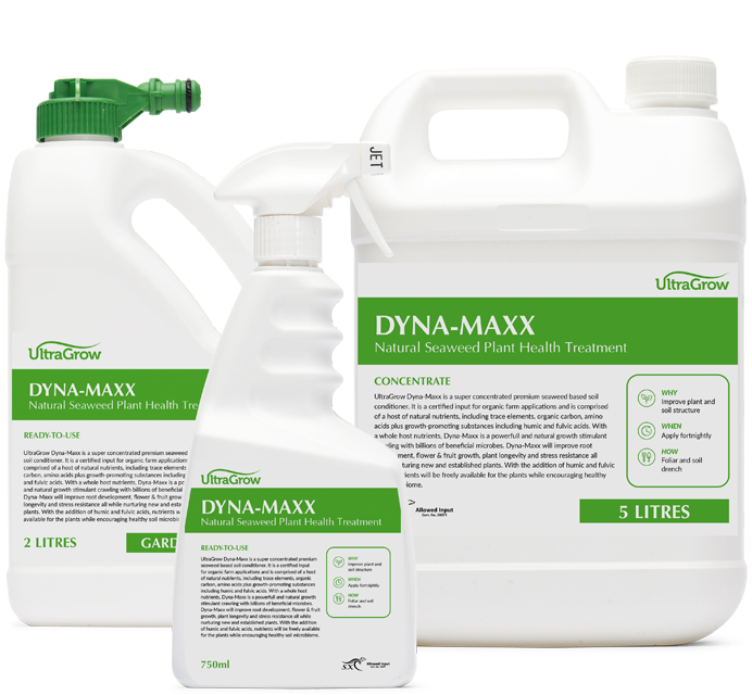 Group photo of Dyna-Maxx Seaweed Solution products | Featured Image for Liquids Product Page by UltraGrow.